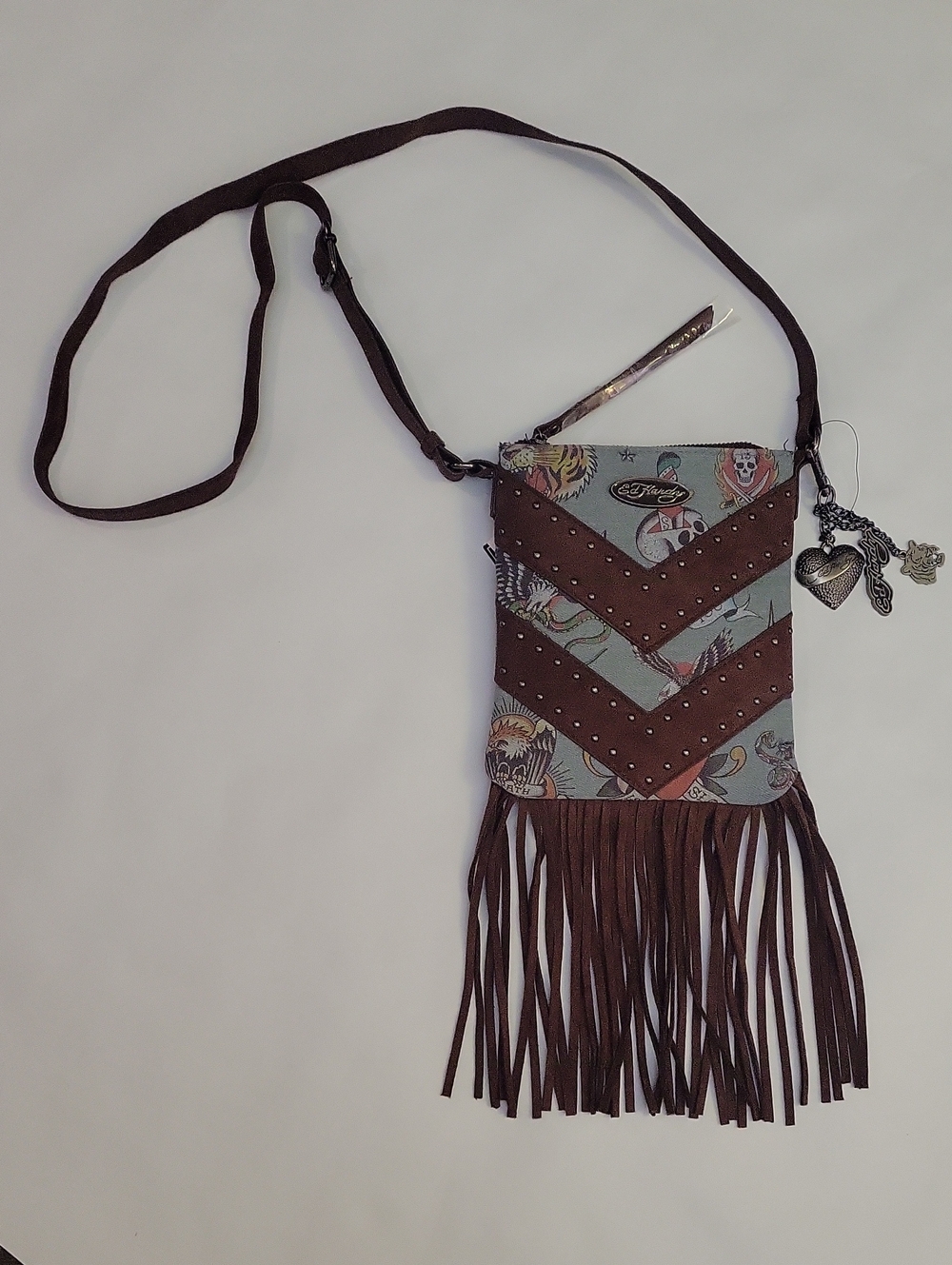Ed Hardy Denim Blue Fringe Crossbody Bag Purse Studded Tattoo Y2K Western NWT